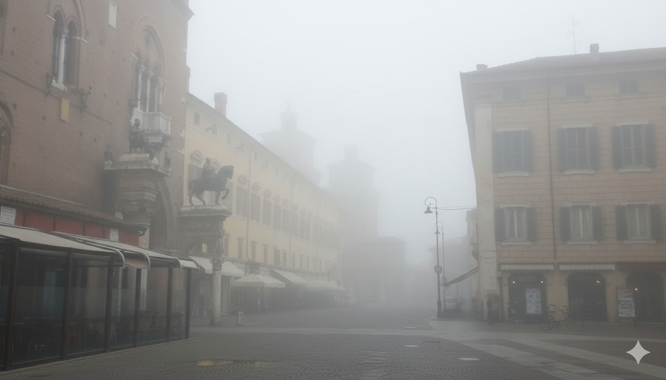 Paesaggio della Pianura Padana avvolto dalla foschia
